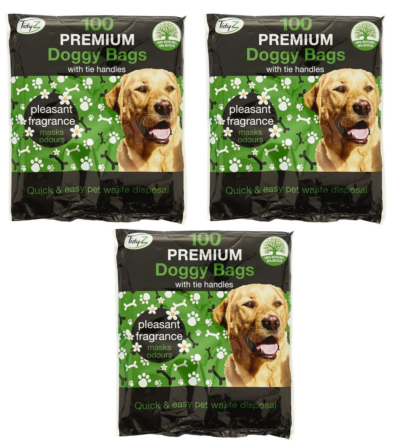 Tidyz Lemon Scented Premium Degradable Doggy Poo Bags with Strong Tie Handles, 3 Pack, 300 Bags – Perfect for your pet’s poop clean-up