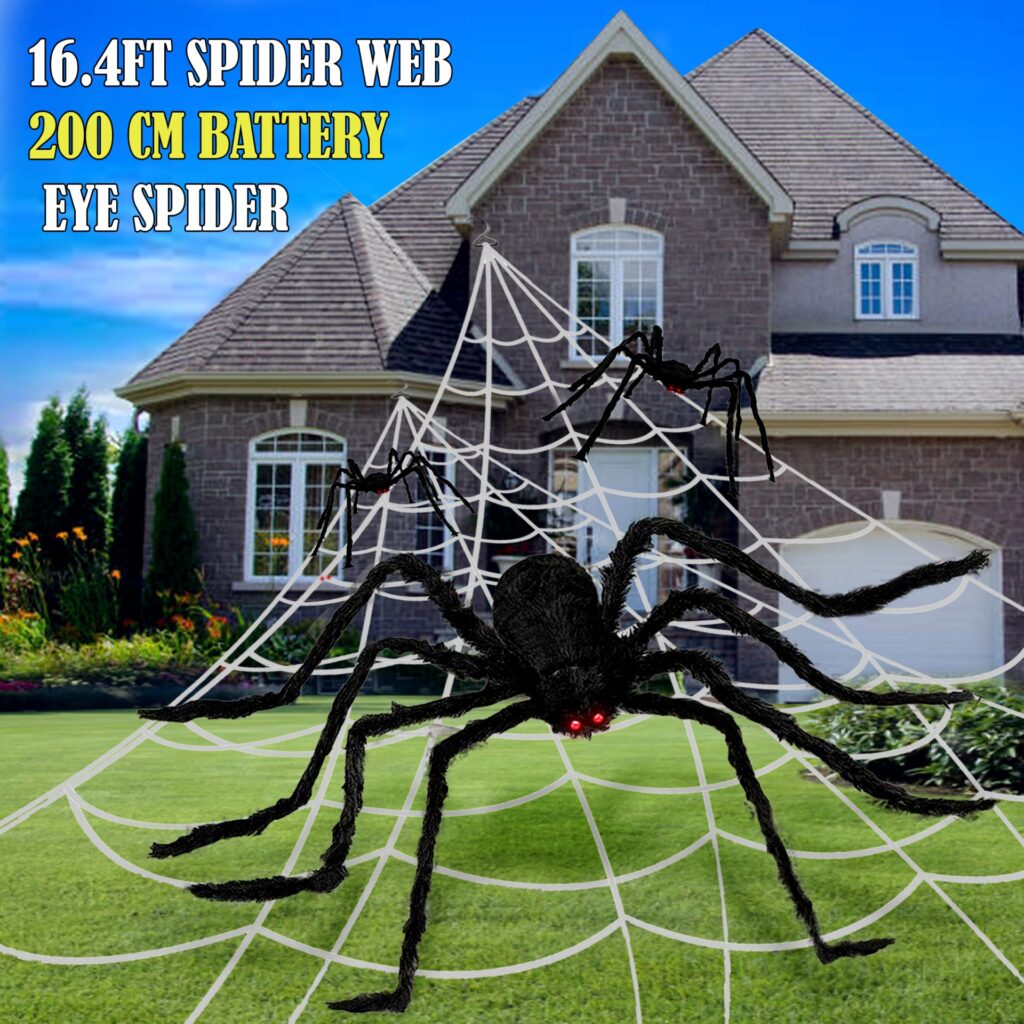 16FT Halloween Giant Spider Web with 200cm Spider for Haunted House and Yard – Outdoor Party Props